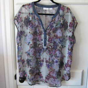 Sheer Floral Liz Claiborne Top with Denim Trim